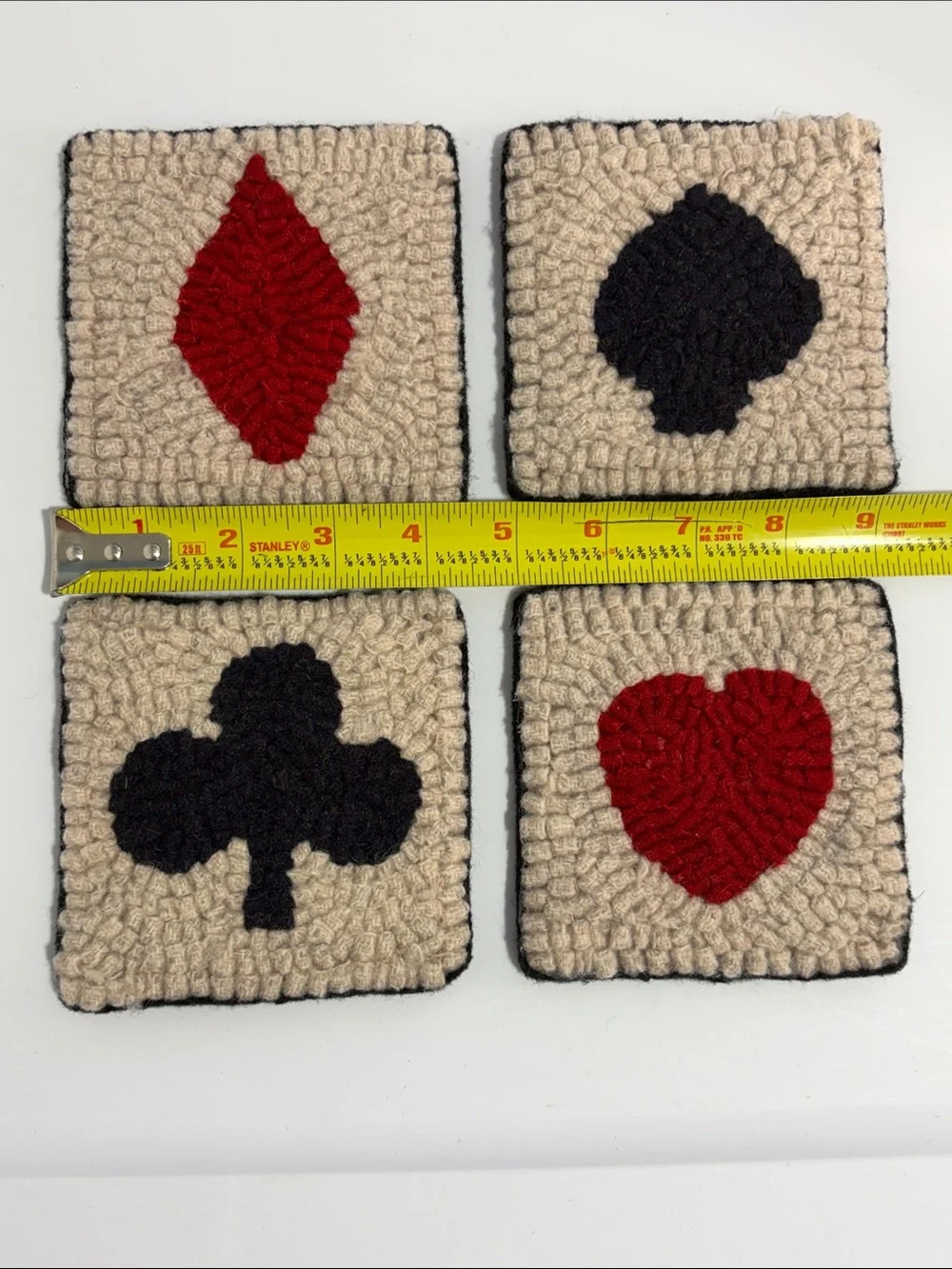 Handmade Punch Needle Rug Hook Coasters Set Playing Card Suits Poker Mug Rugs